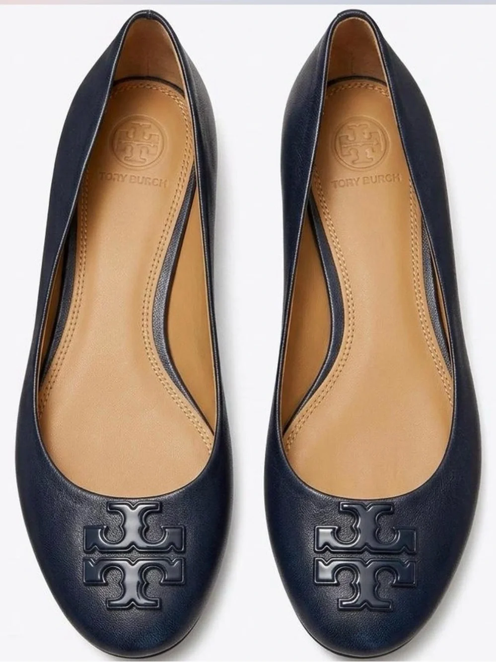 Tory Burch Navy Leather Logo Round-Toe Ballet Flats